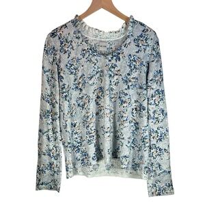 NIC+ZOE Sweater Medium Blue and White Floral Sweater Ruffle Collar Top Office